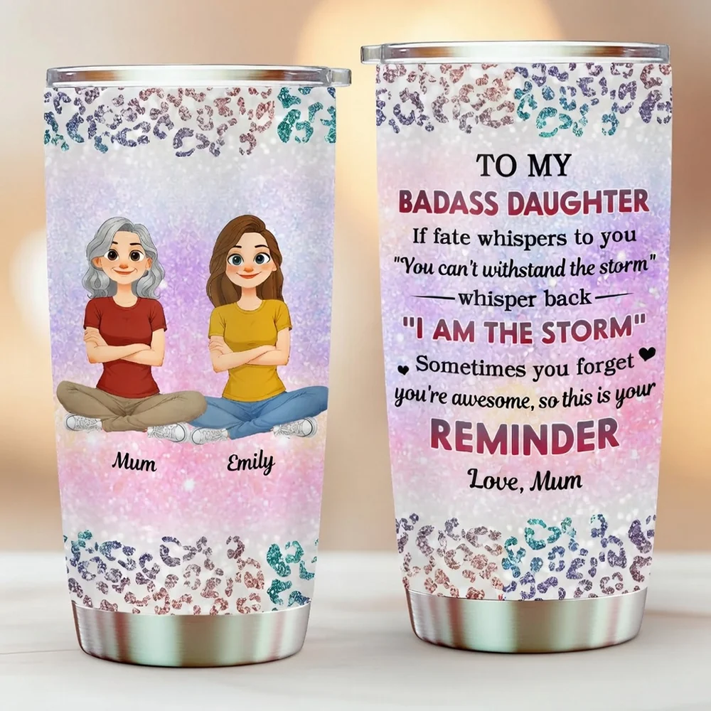Personalized Insulated Travel Tumbler with Cute Cartoon Mom and Daughter - Unique Gift for Her, Bright Leopard Glitter Style - Image 5