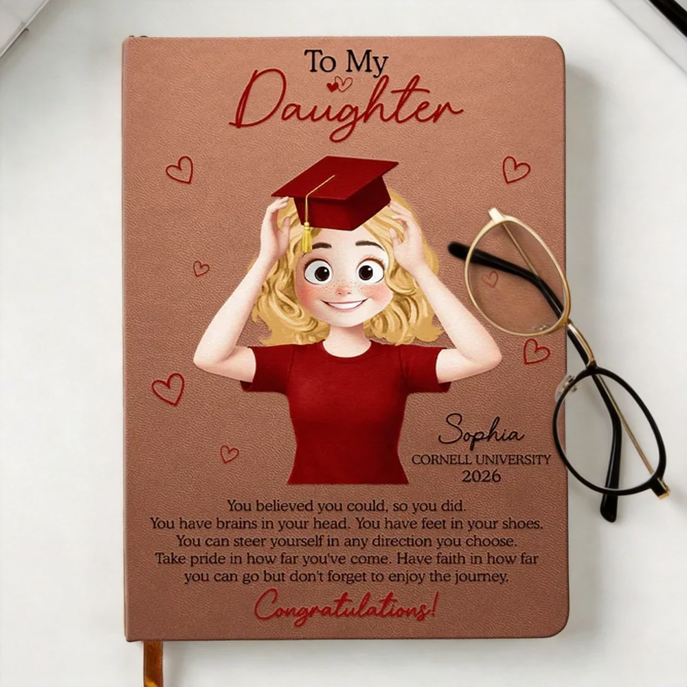 To My Daughter Graduation Leather Journal, Personalized Congrats Message with Heart Accents, Meaningful Unique Gift for Her