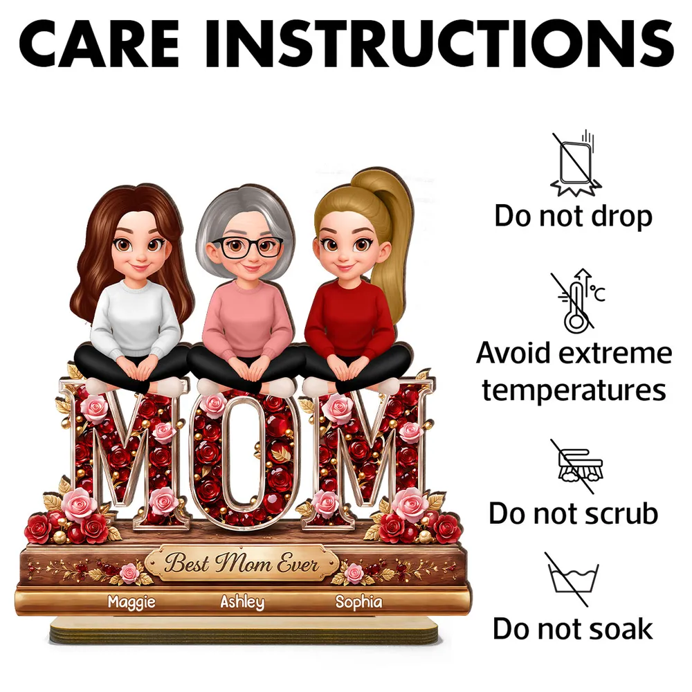 Personalized 2-Layer Wooden Plaque Mom with Daughters Sitting on MOM Roses Best Mom Ever Unique Gift for Mom or Grandma - Image 5