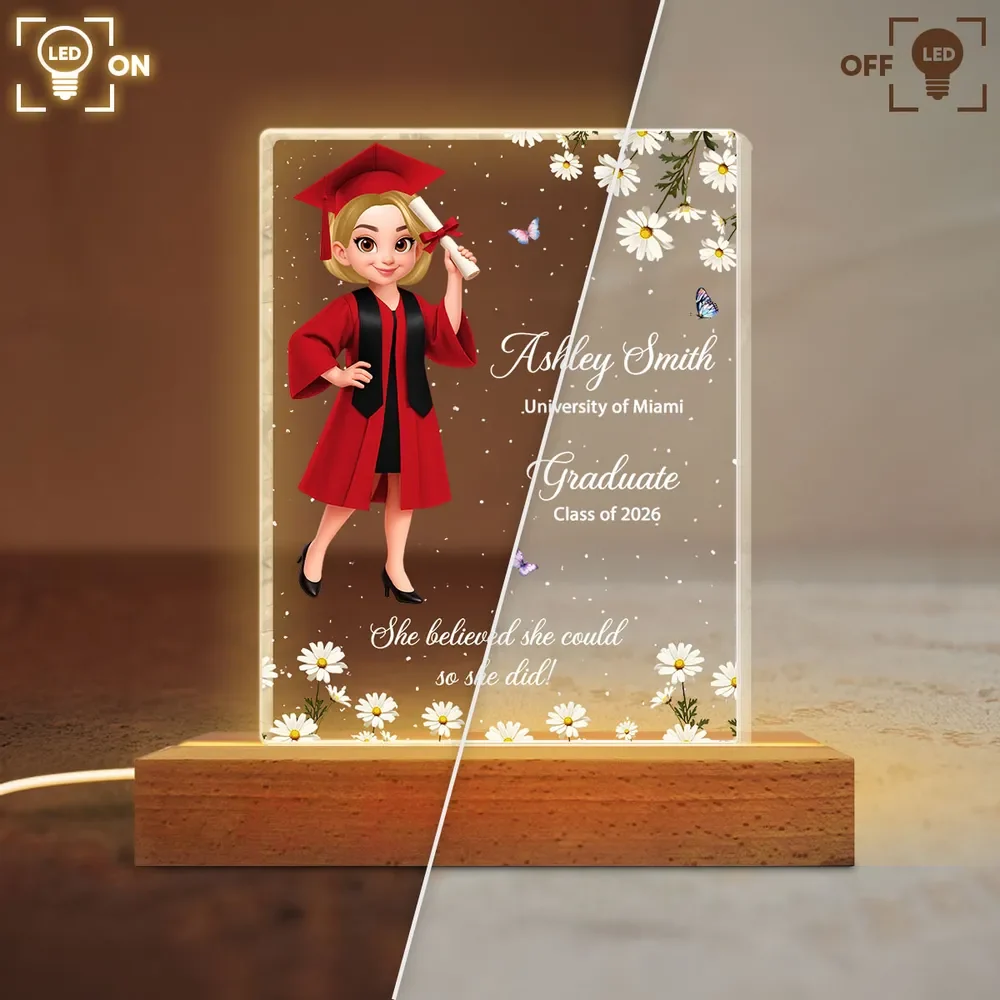 She Believed She Could So She Did Personalized Block LED Light Plaque for Graduates, Bedside Decor with Warm Light Gift - Image 2