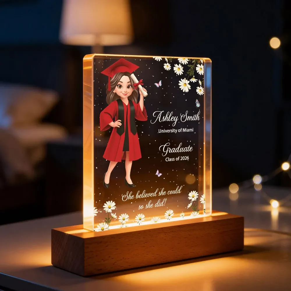 She Believed She Could So She Did Personalized Block LED Light Plaque for Graduates, Bedside Decor with Warm Light Gift - Image 3