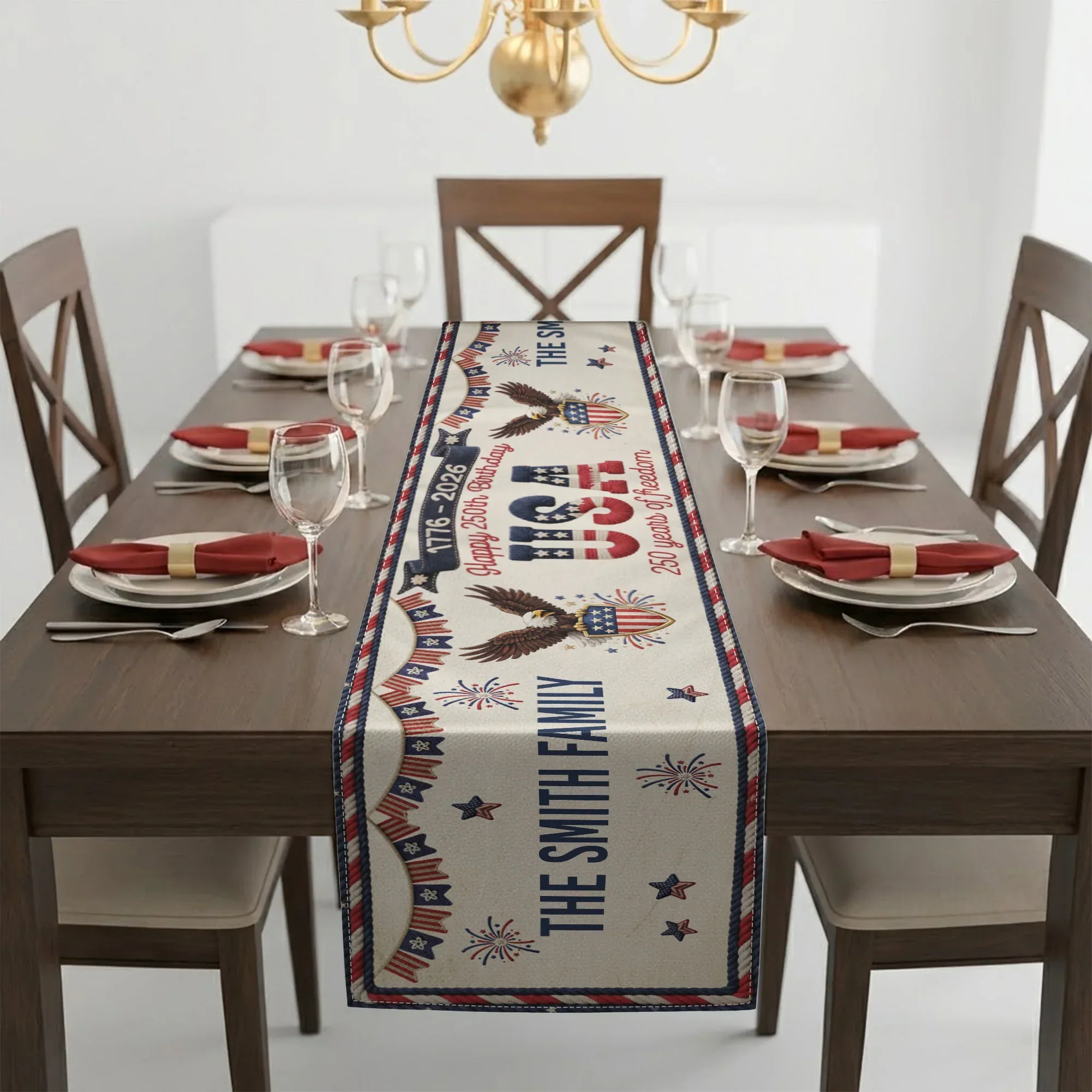 Personalized USA 250th Anniversary Table Runner with Patriotic Eagles & Fireworks - Unique Creative Gift for Family Hosts - Image 3