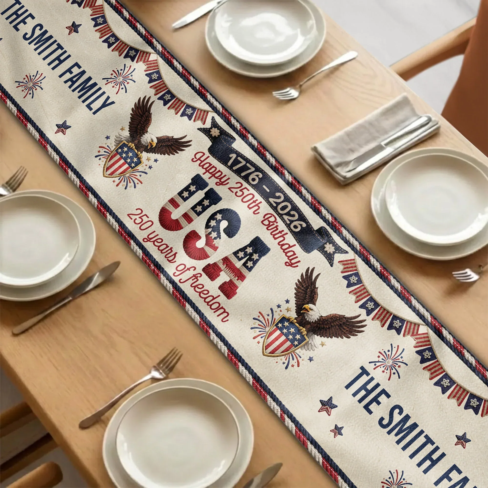 Personalized USA 250th Anniversary Table Runner with Patriotic Eagles & Fireworks - Unique Creative Gift for Family Hosts - Image 5