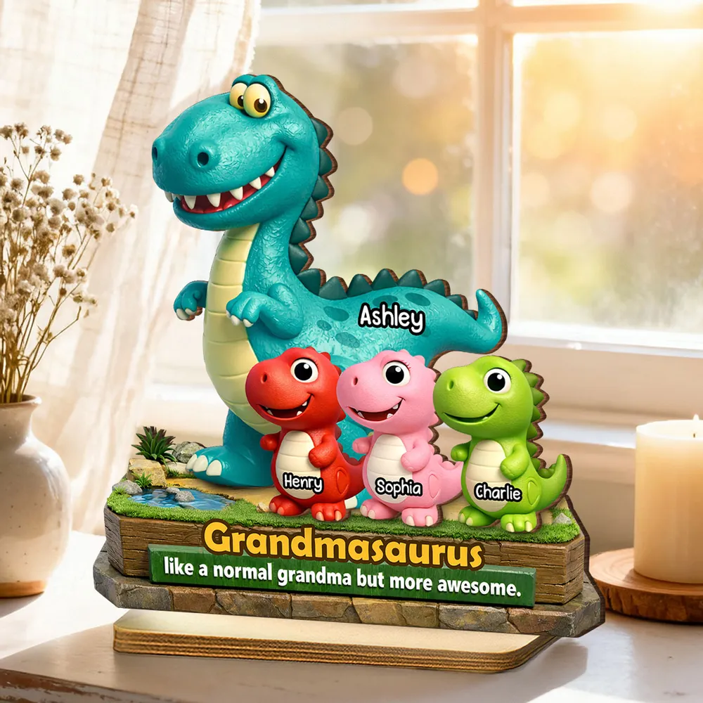 2-Layer Wooden Plaque Personalized Grandmasaurus With Cute Dino Kids - Sweet Living Room or Nursery Display, Creative Gift for Grandma - Image 5