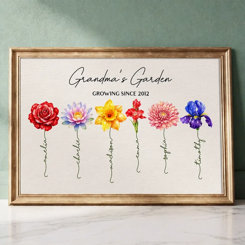 Personalized Grandma's Garden Birth Month Flower Poster, Vibrant Wall Art Keepsake, Unique Gift for Grandma