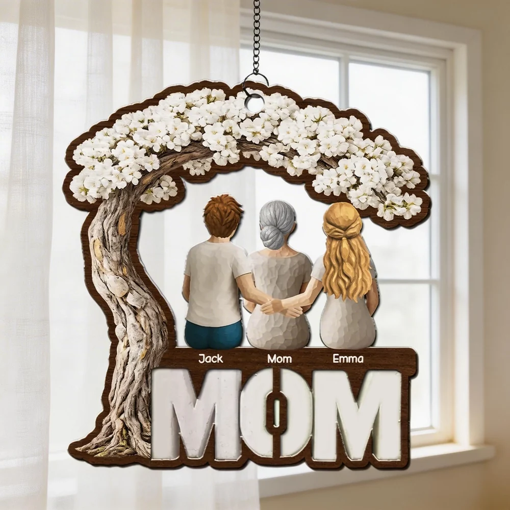 Personalized Wood and Acrylic Layered Ornament for Mom, Back View Family Under Blossom Tree, Unique Gift for Her