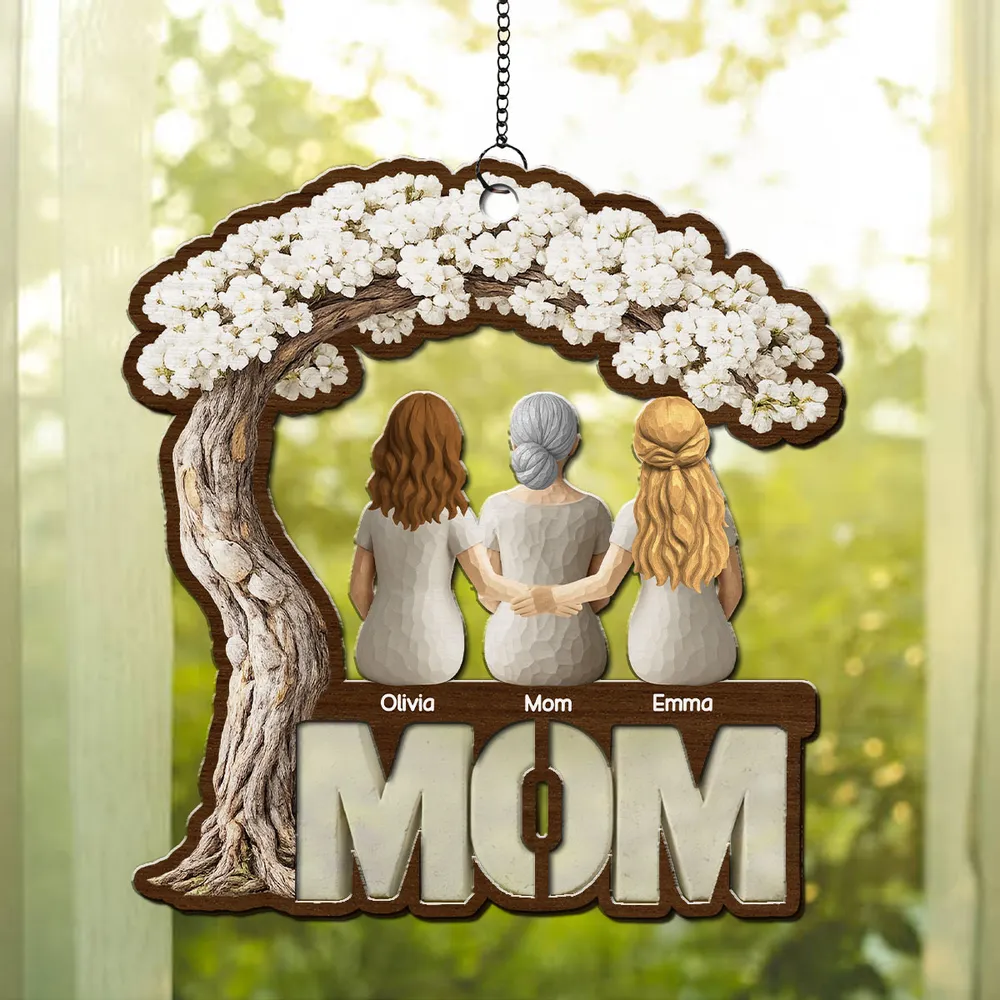 Personalized Wood and Acrylic Layered Ornament for Mom, Back View Family Under Blossom Tree, Unique Gift for Her - Image 2