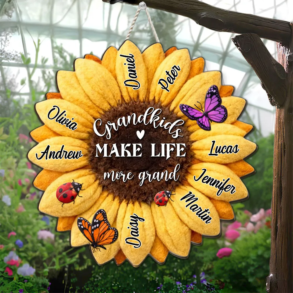 Grandkids Make Life More Grand Wooden Sign Personalized Sunflower With Butterflies Sweet Home Accent Gift for Grandparents - Image 2