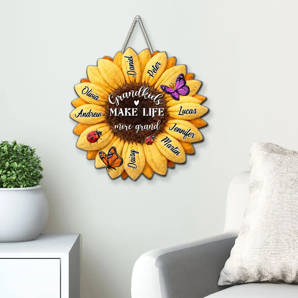 Grandkids Make Life More Grand Wooden Sign Personalized Sunflower With Butterflies Sweet Home Accent Gift for Grandparents - Image 5