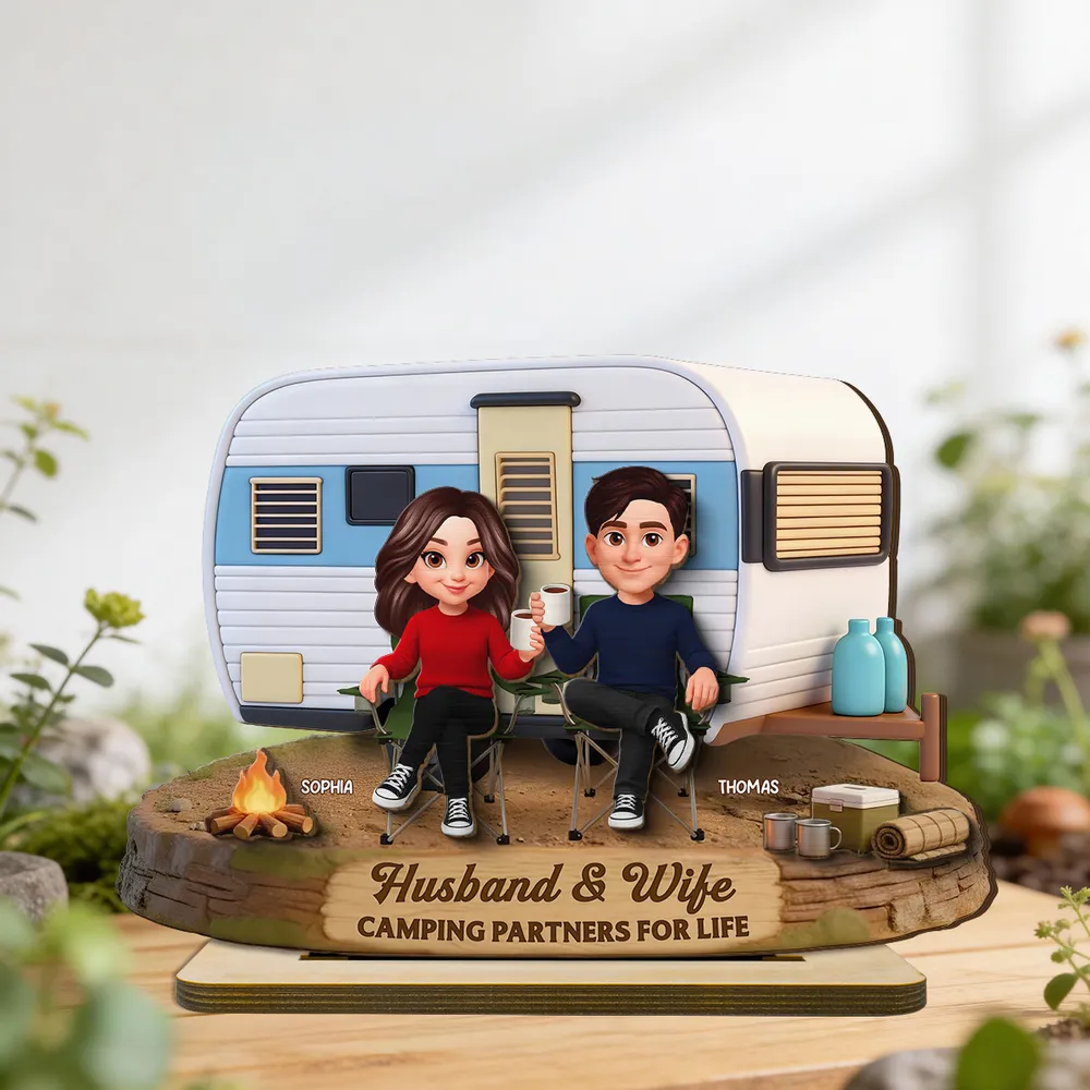 2-Layer Wooden Plaque Personalized for Husband & Wife, Cute Camper Scene Gift That Celebrates Partners for Life - Image 7