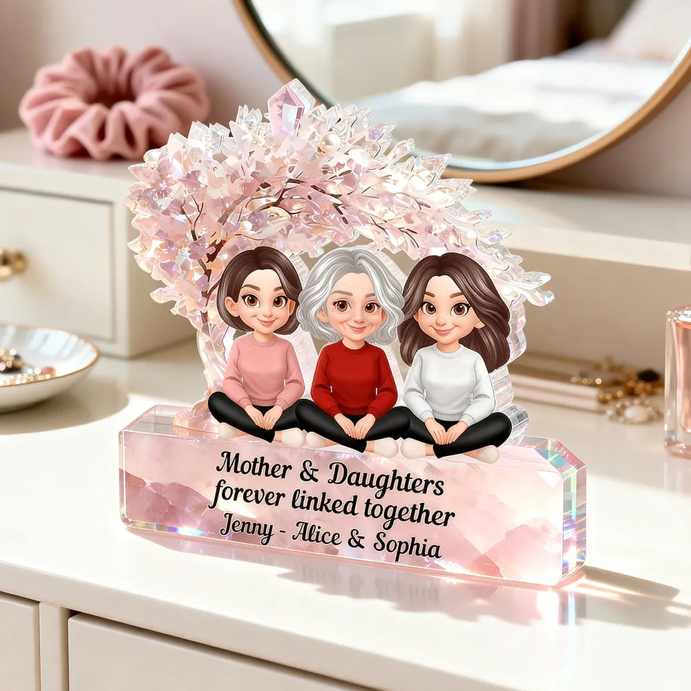 Personalized Shaped Acrylic Block Plaque, Mother & Daughters Under Pink Blossom Tree, Unique Gift for Mom - Image 3