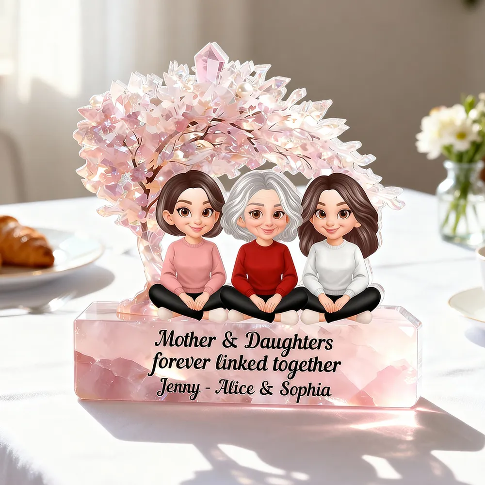 Personalized Shaped Acrylic Block Plaque, Mother & Daughters Under Pink Blossom Tree, Unique Gift for Mom - Image 6