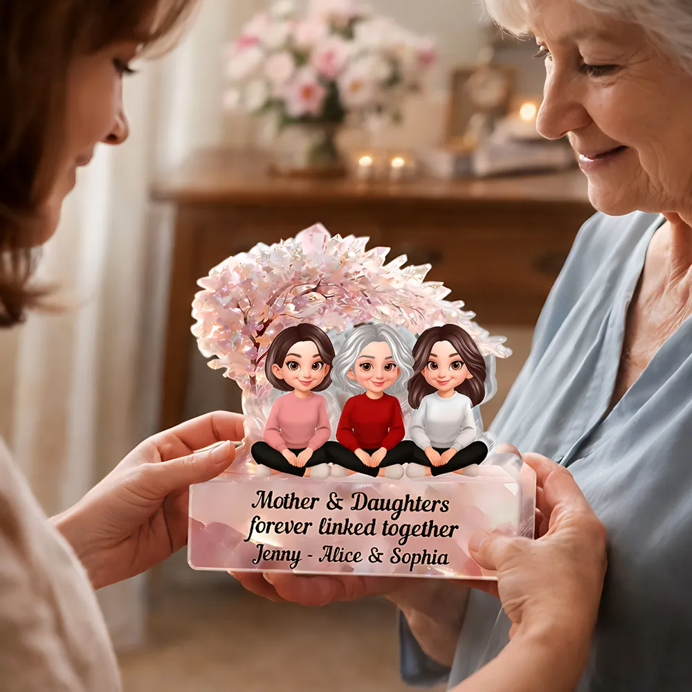 Personalized Shaped Acrylic Block Plaque, Mother & Daughters Under Pink Blossom Tree, Unique Gift for Mom - Image 8