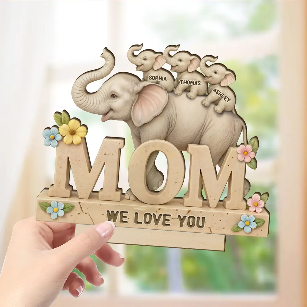 Personalized 2-Layer Wooden Plaque with Elephant Mom and Calves, We Love You Message, Unique Gift for Mom - Image 3