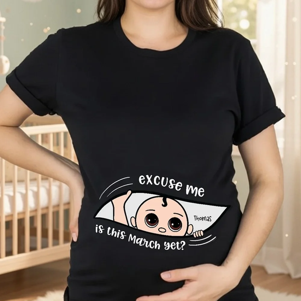 Personalized Pregnancy Announcement Classic Tee with Cute Baby Peek Design for Expecting Parents, Unique Funny Gift