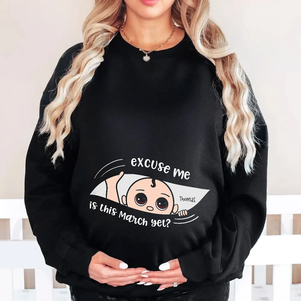 Personalized Pregnancy Announcement Classic Tee with Cute Baby Peek Design for Expecting Parents, Unique Funny Gift - Image 3