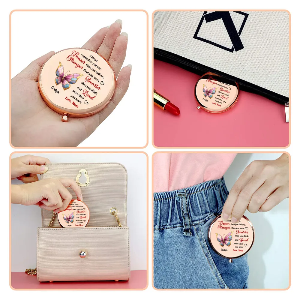 Personalized Metal Compact Mirror with Butterfly Quote, Encouraging Gift for Daughter or Friend, Braver Stronger Smarter Loved - Image 8