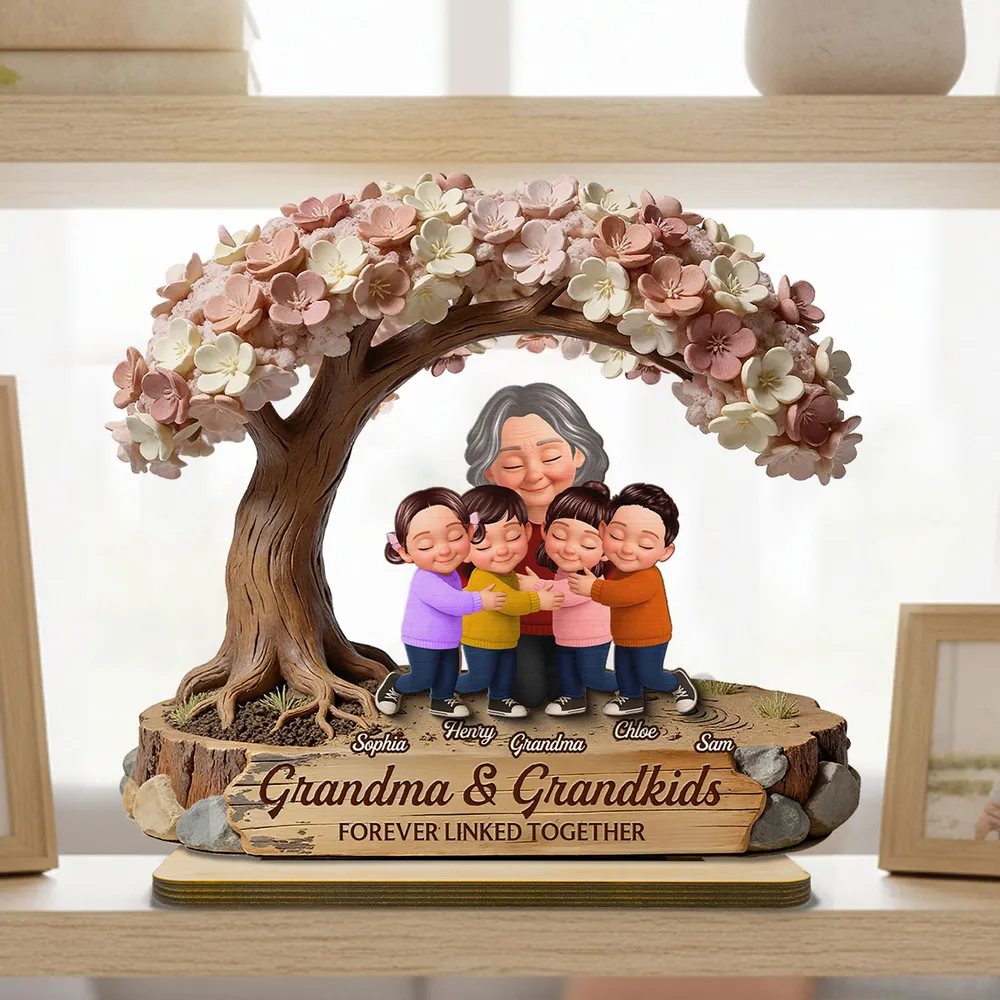 Personalized 2-Layer Wooden Plaque with Hugging Grandma & Grandkids Under Blossom Tree - Unique Family Keepsake Gift - Image 9