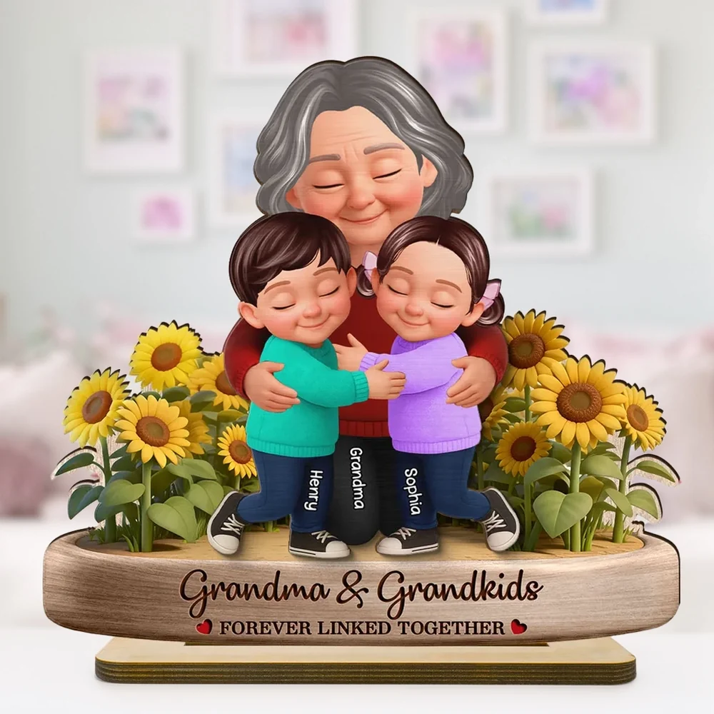 Personalized 2-Layer Wooden Plaque of a Grandma Hugging Grandkids in Sunflowers - Unique Gift for Grandma