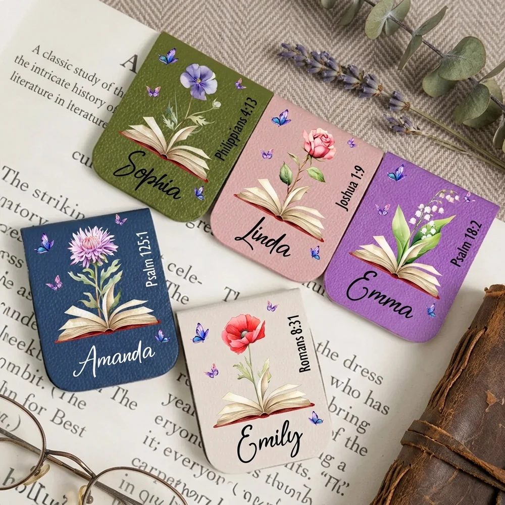 Floral Bible Verse Inspired Personalized Leather Magnetic Bookmark, Calm Faithful Touch, Unique Gift for Mom or Friend