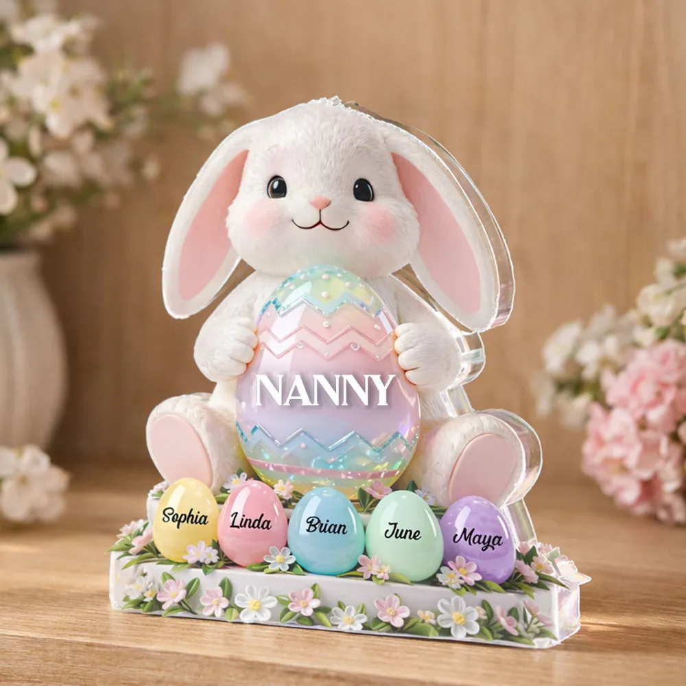 Custom Easter Bunny Shaped Acrylic Block Plaque, Pastel Egg Design for a Love-Filled Keepsake Gift for Nanny - Image 2
