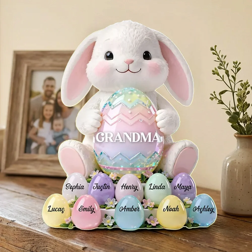Personalized Shaped Acrylic Block Plaque Cute Bunny Holding Easter Egg for Grandma Spring Shelf Decor Unique Gift