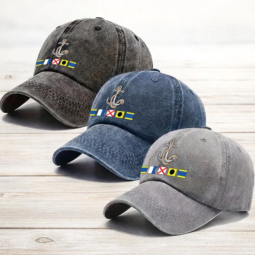 Washed Denim Baseball Cap with Boat Anchor and Nautical Flags - Coastal Style Unique Gift for Sailors and Boat Lovers - Image 3