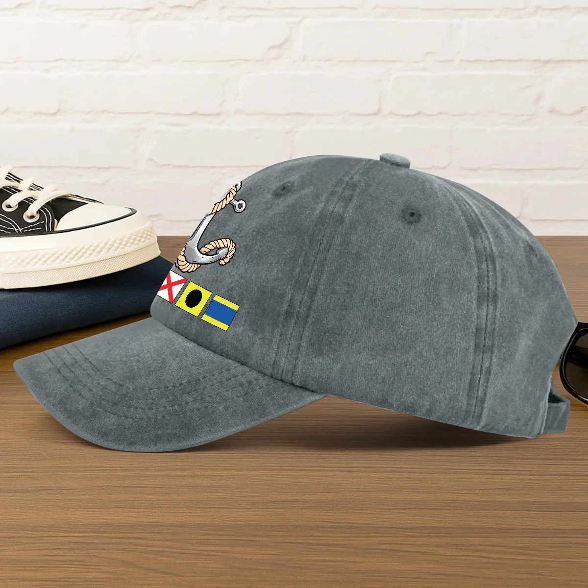 Washed Denim Baseball Cap with Boat Anchor and Nautical Flags - Coastal Style Unique Gift for Sailors and Boat Lovers - Image 6