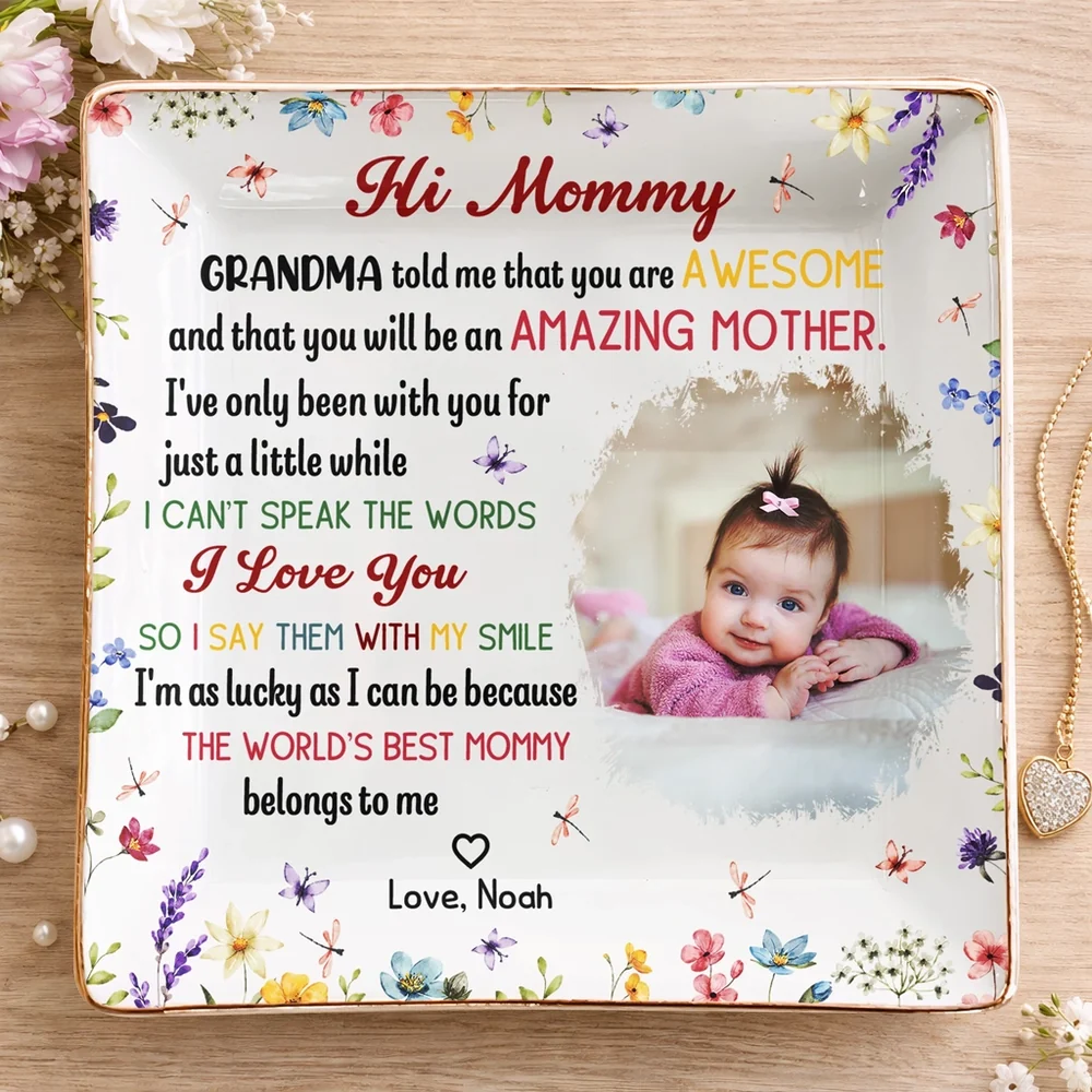 New Mom Jewelry Dish with Baby Photo, Floral Border Design, Sweet Keepsake Catchall, Unique Mother's Day Gift