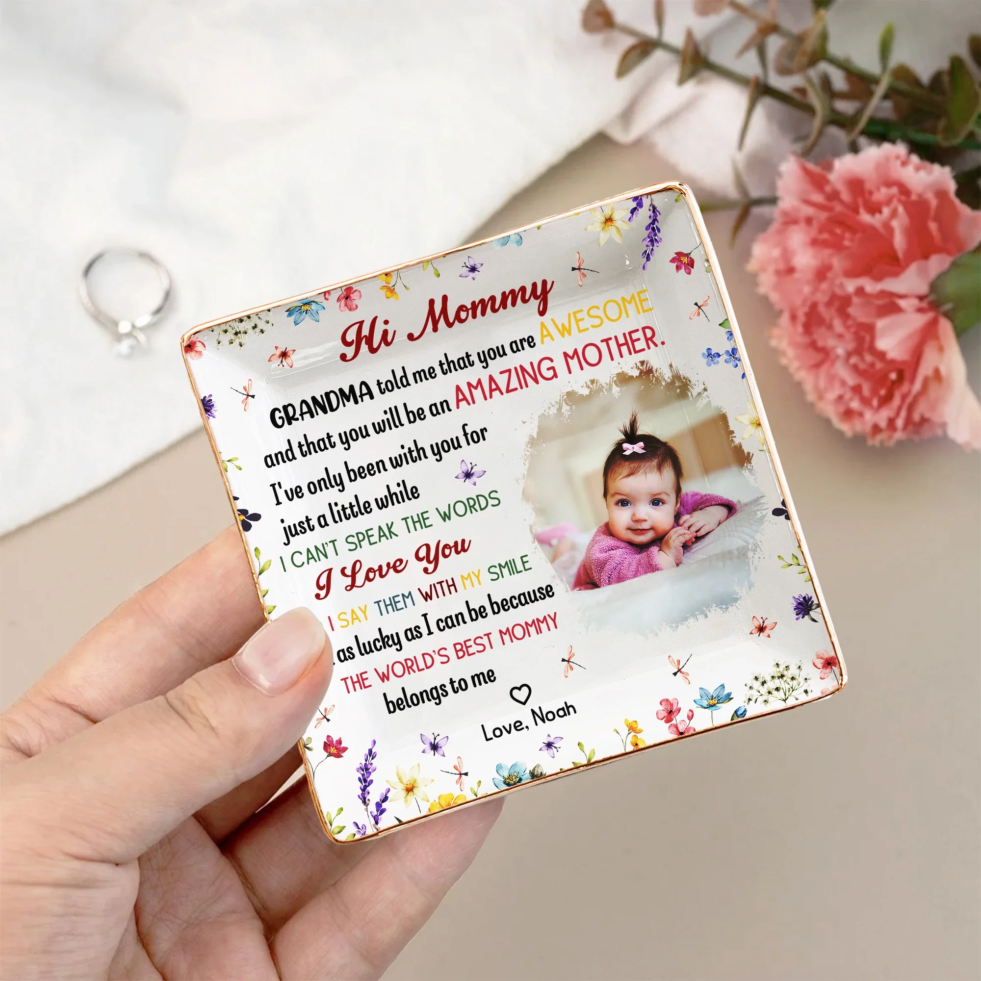 New Mom Jewelry Dish with Baby Photo, Floral Border Design, Sweet Keepsake Catchall, Unique Mother's Day Gift - Image 5