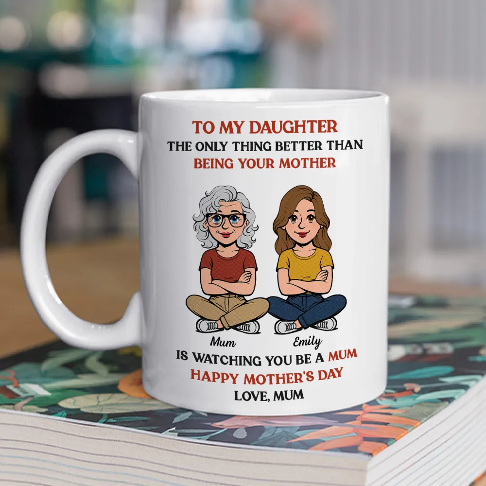 Personalized Mother-Daughter Cartoon White Ceramic Mug, Custom Names Look, Unique Mother's Day Gift for Mom - Image 2