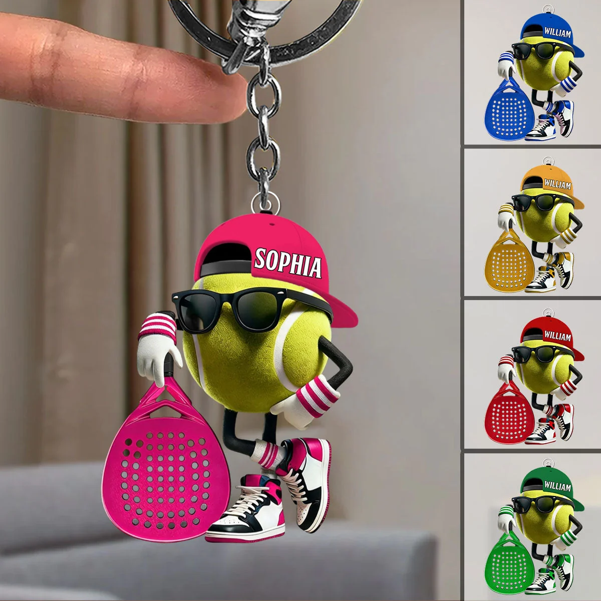 Personalized Padel Acrylic Keychain Cute Tennis Ball Character with Sunglasses and Cap - Unique Gift for Sports Fans - Image 2