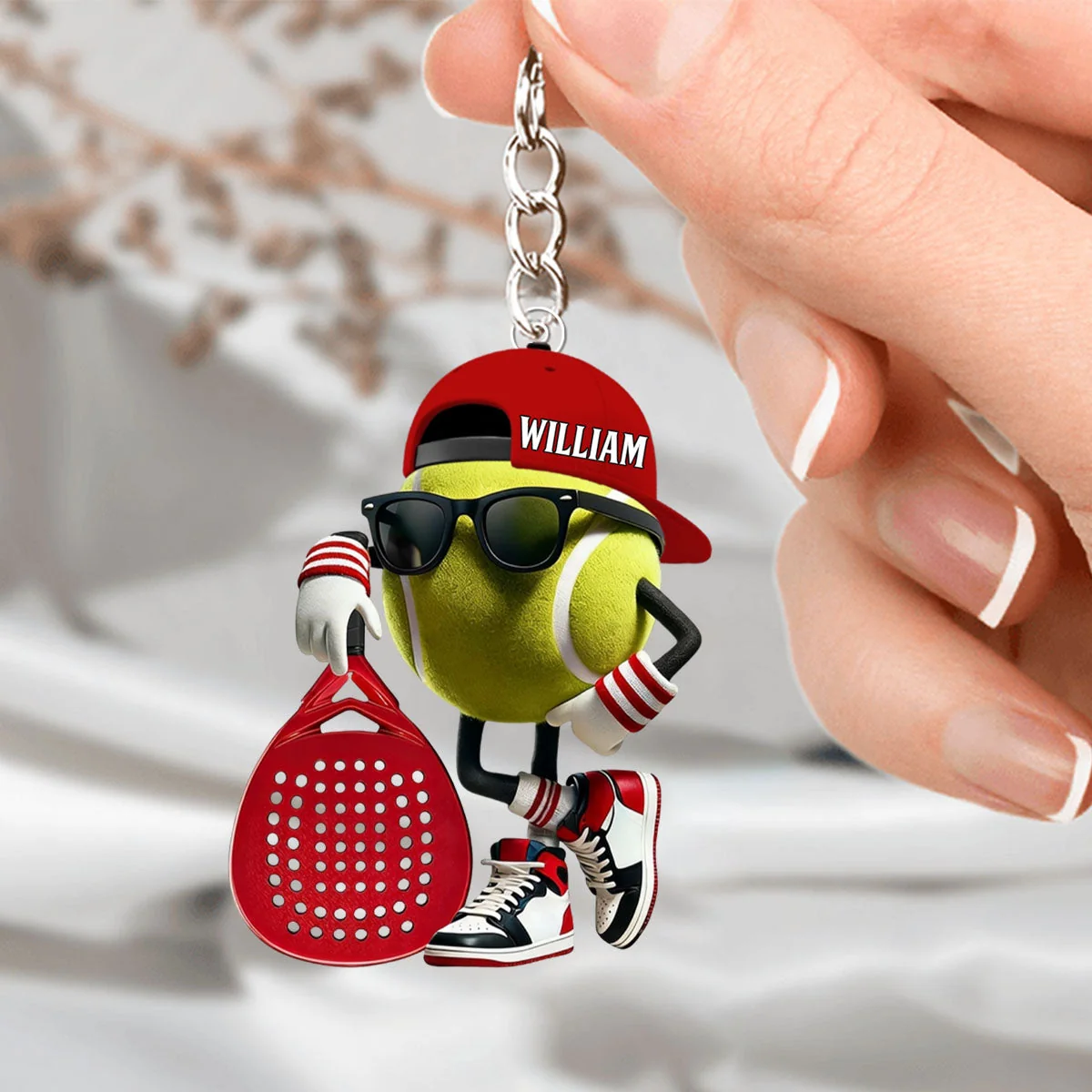 Personalized Padel Acrylic Keychain Cute Tennis Ball Character with Sunglasses and Cap - Unique Gift for Sports Fans - Image 7