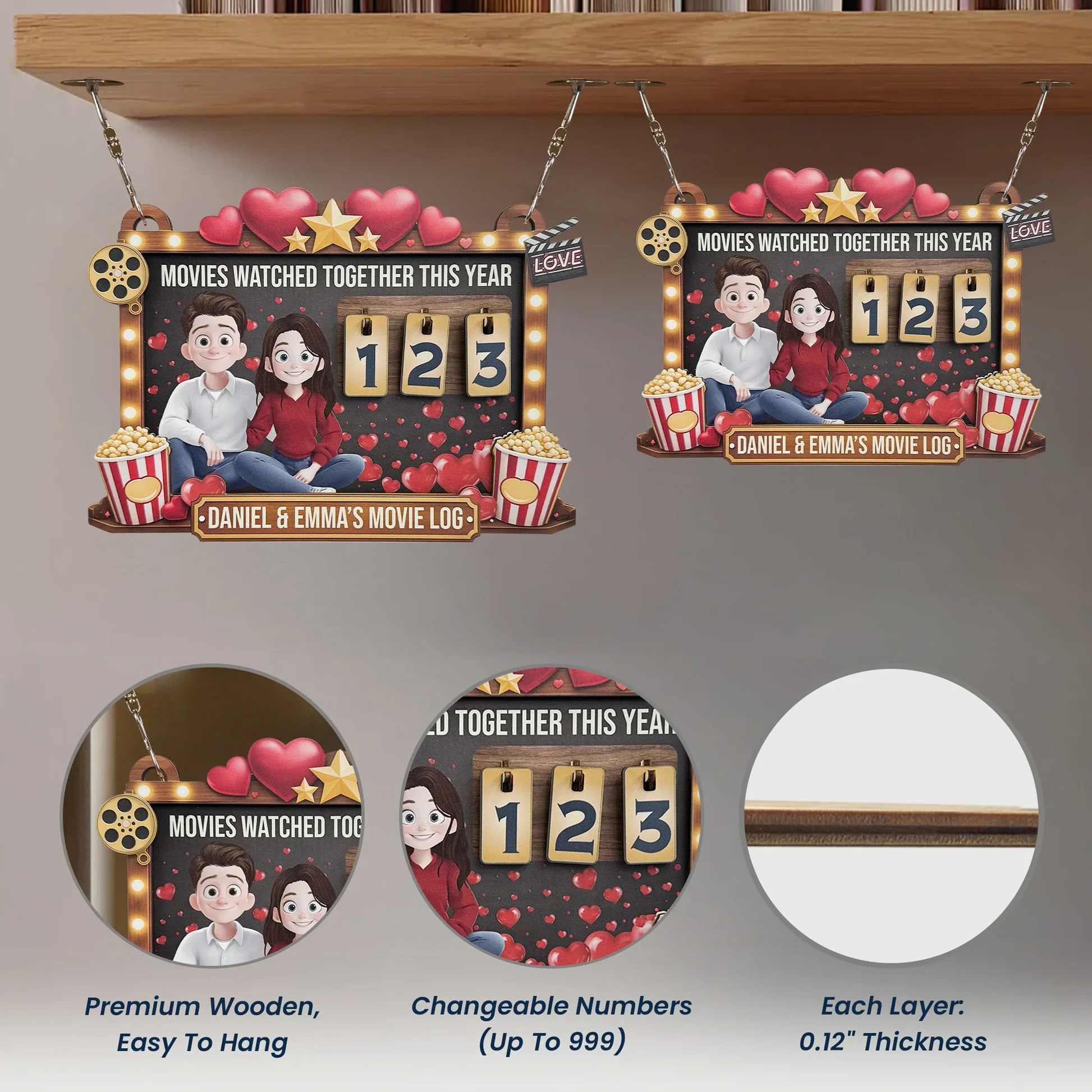 Movies Watched Together This Year Wooden Hanging Tracker, Cute Couple Movie Log Wall Decor, Creative Gift - Image 4