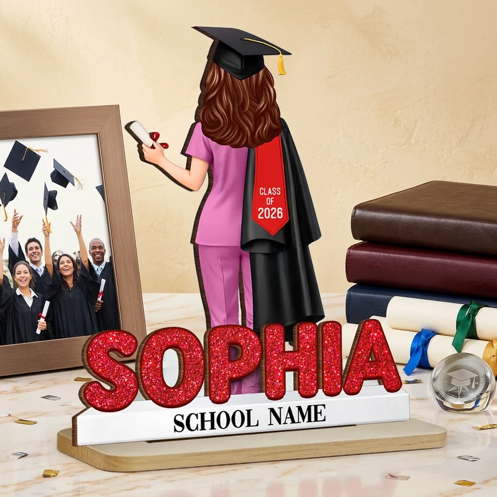 Custom 2-Layer Wooden Plaque Graduation Keepsake, Nurse Cap and Diploma Scene, Heartfelt Gift for Daughter or Son
