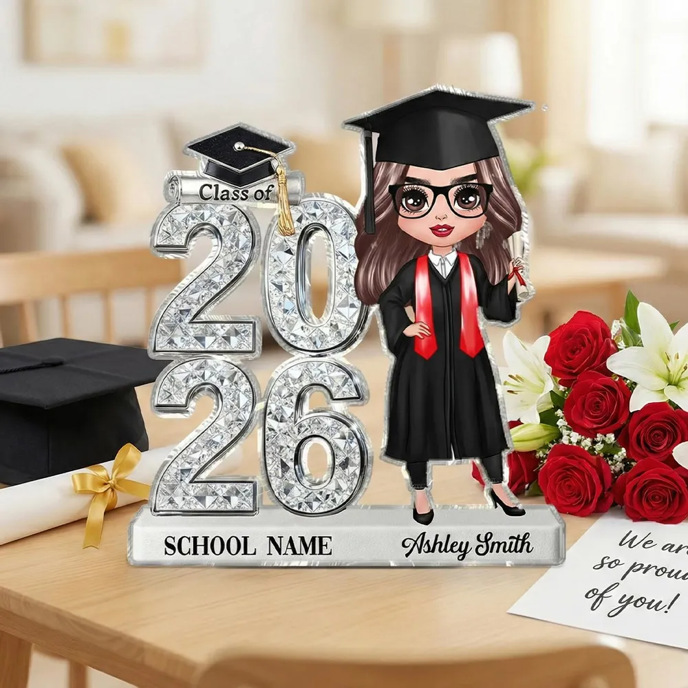 Shaped Acrylic Block Plaque Personalized for Graduation, Glam Class Year Display with Grad Girl Holding Diploma, Thoughtful Gift - Image 2