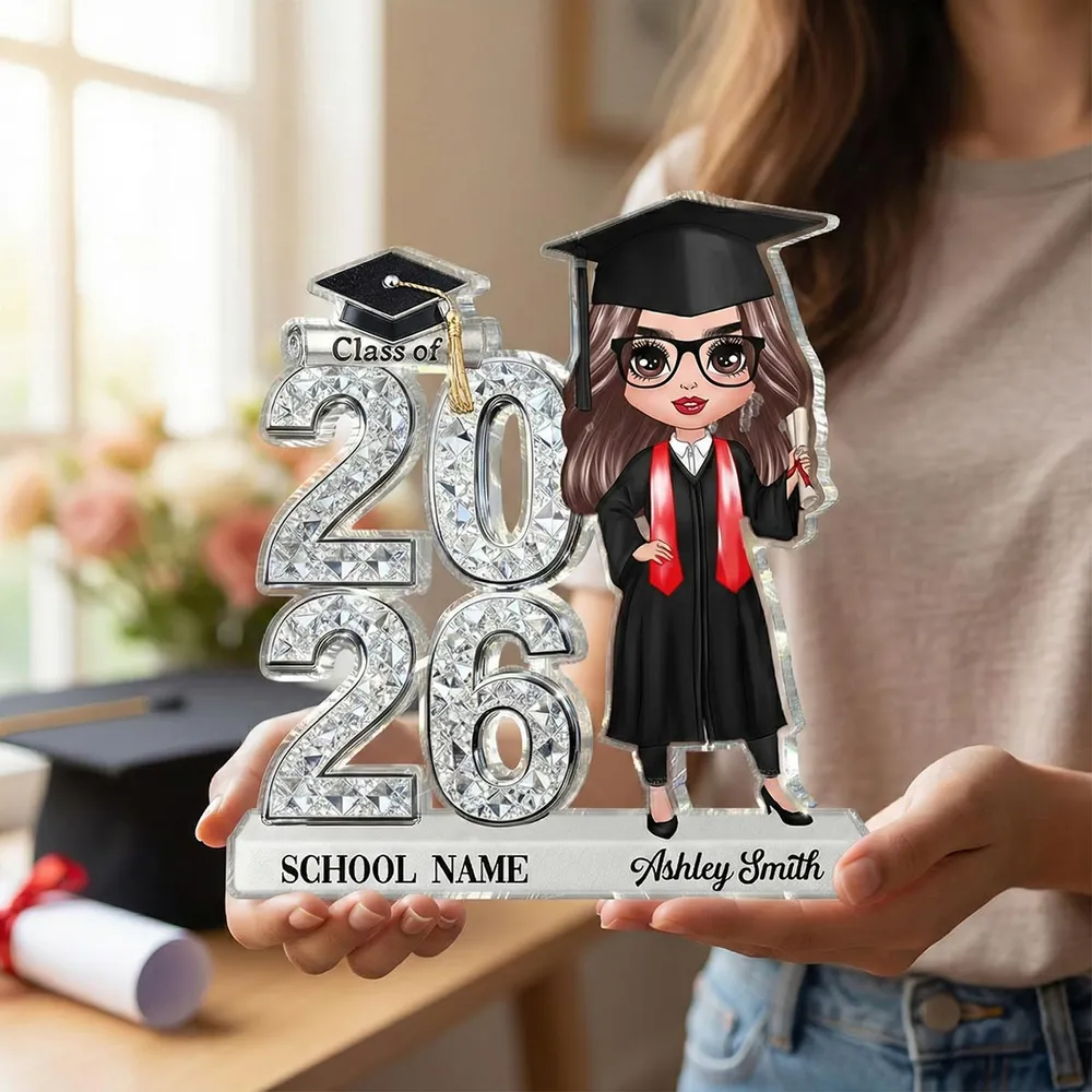 Shaped Acrylic Block Plaque Personalized for Graduation, Glam Class Year Display with Grad Girl Holding Diploma, Thoughtful Gift - Image 6