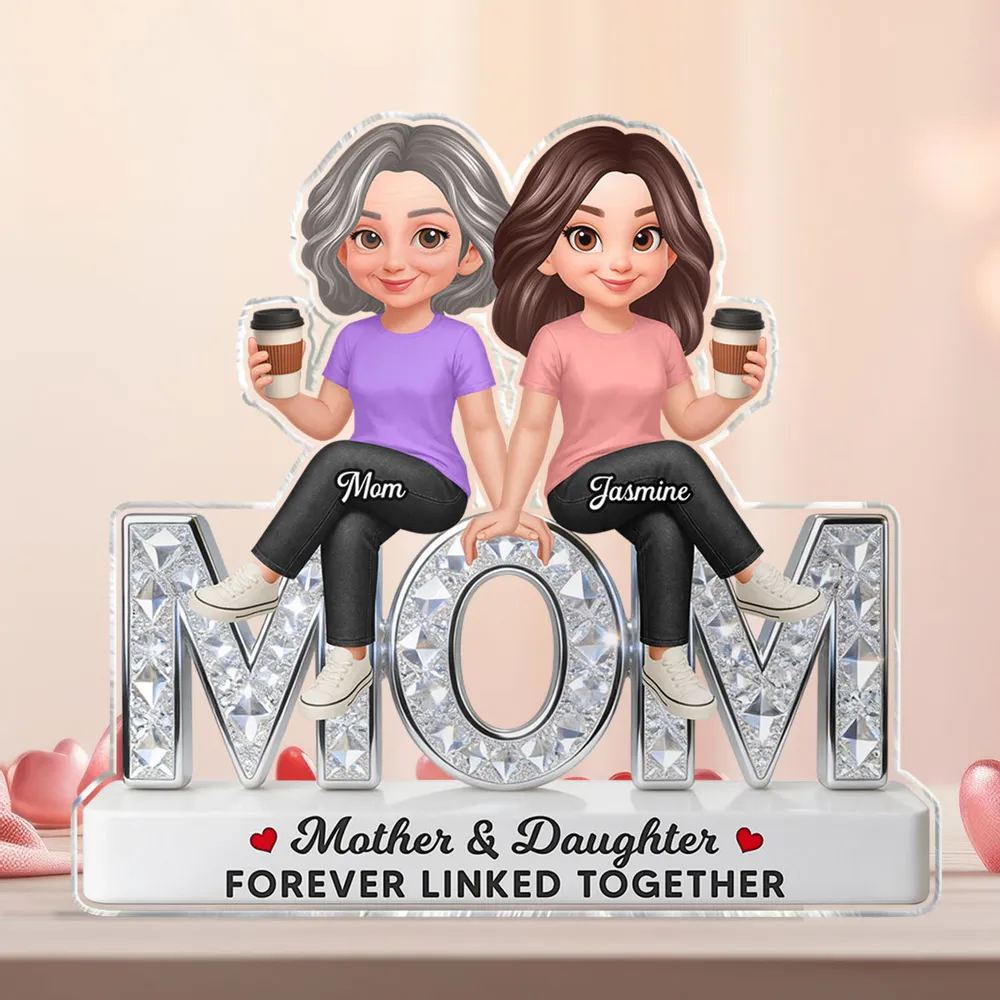 Personalized Shaped Acrylic Block Plaque Mother & Daughter Forever Linked Together, Cute Sitting Characters, Unique Gift for Mom - Image 2