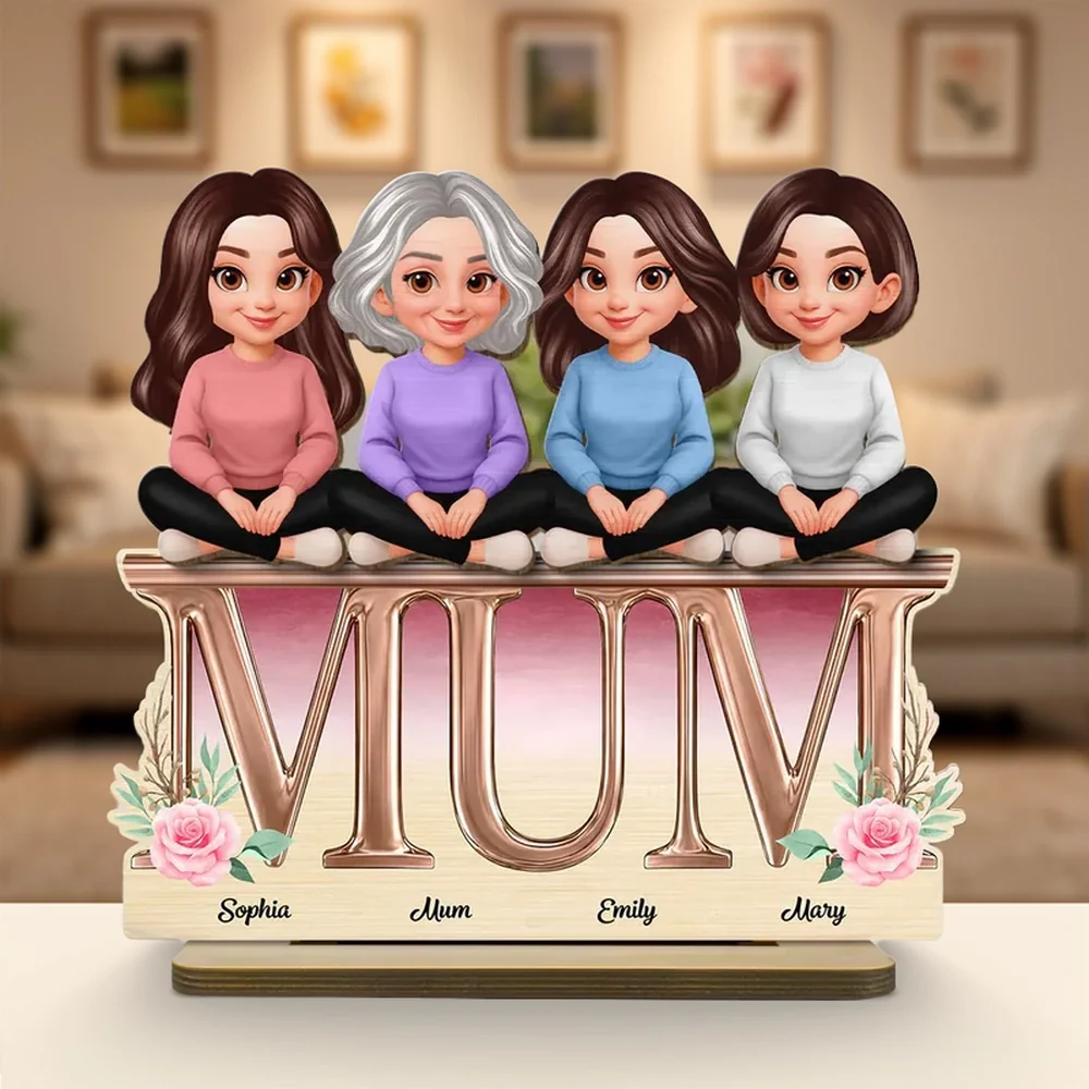 Personalized 2-Layer Wooden Plaque with Mum Letter Design, Custom Family Cartoon Display, Unique Gift for Mom