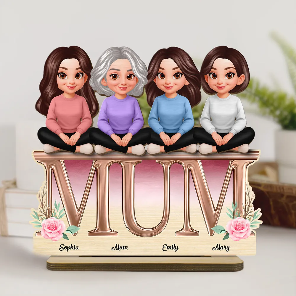 Personalized 2-Layer Wooden Plaque with Mum Letter Design, Custom Family Cartoon Display, Unique Gift for Mom - Image 2