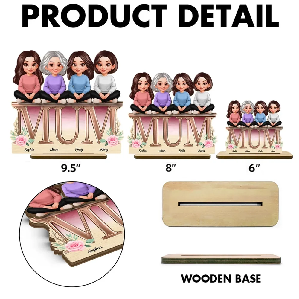 Personalized 2-Layer Wooden Plaque with Mum Letter Design, Custom Family Cartoon Display, Unique Gift for Mom - Image 4