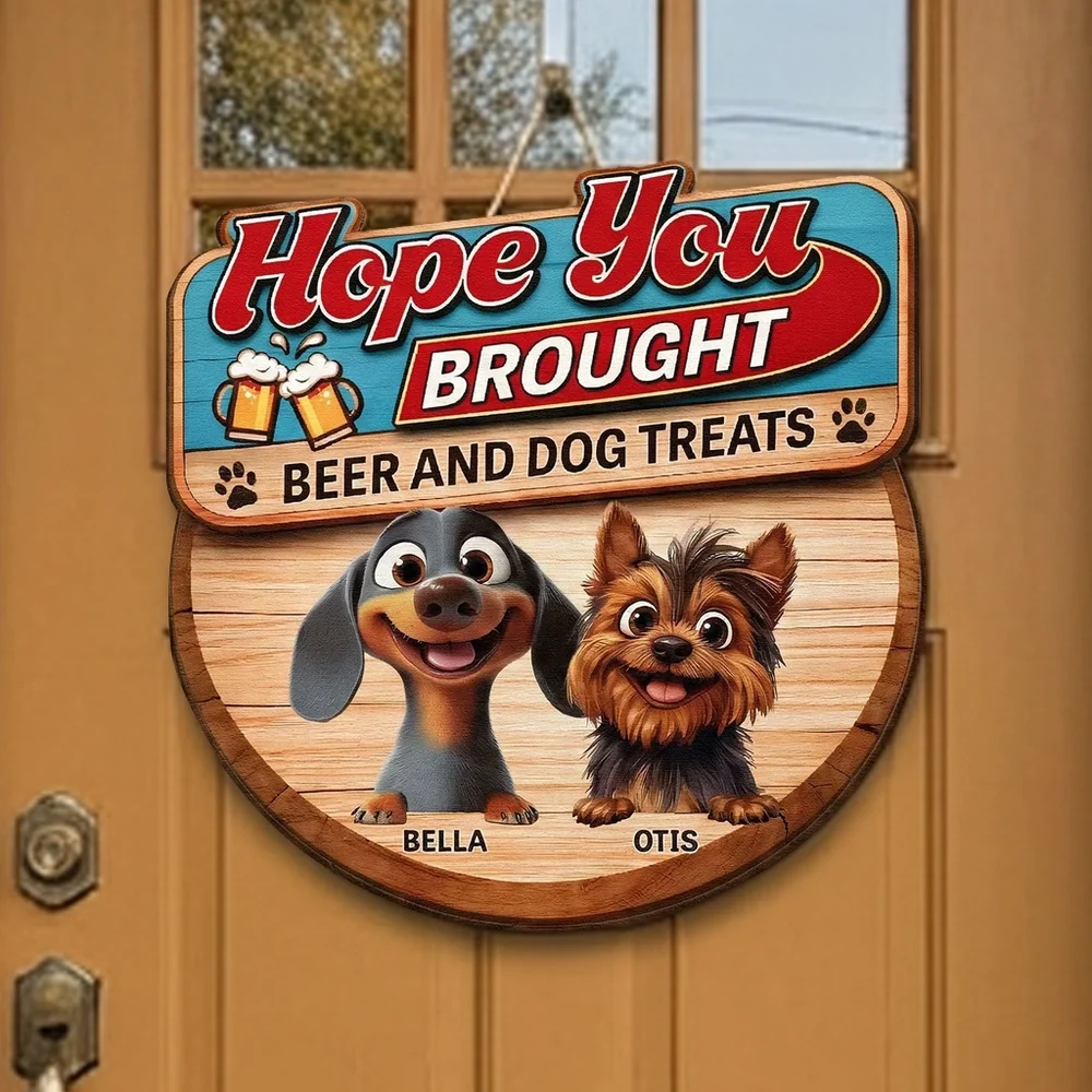 Custom Cartoon Dogs Wooden Sign with Beer Mugs, Funny Welcome Entryway Decor, Sweet Unique Holiday Gift for Pet Owners