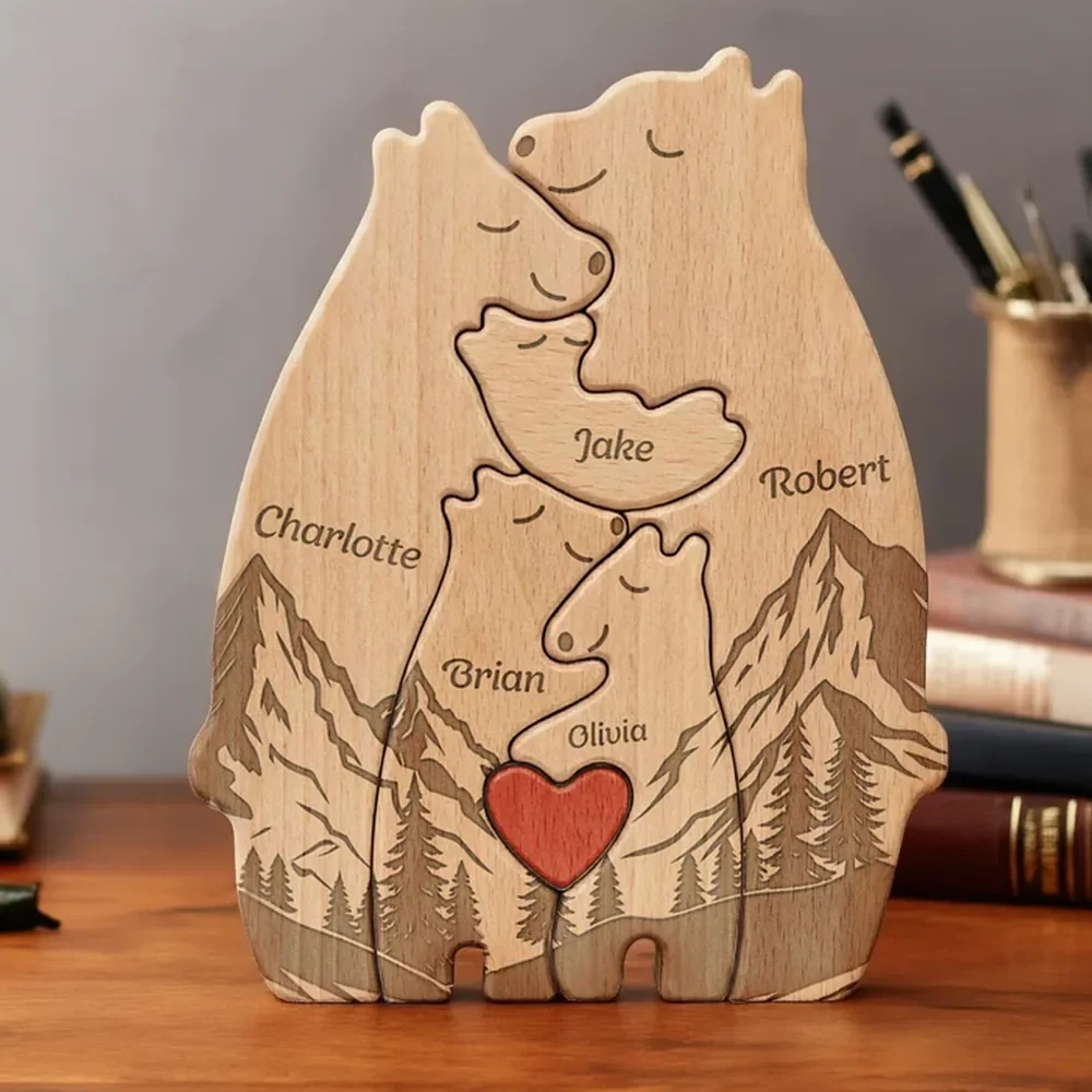 Personalized Wooden Bear Family Puzzle With Mountain Scene, Unique Father's Day Gift For Dad, Heartwarming Keepsake Decor