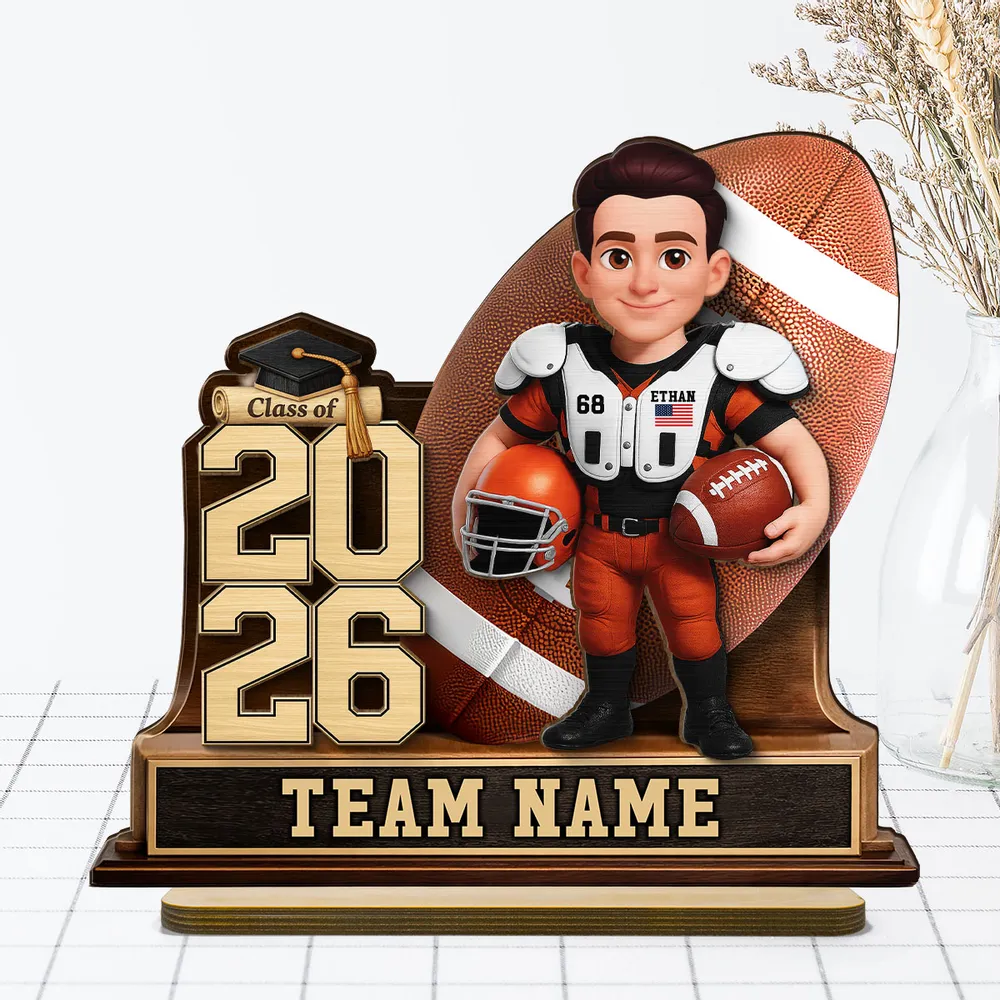 Custom Class Football Player 2-Layer Wooden Plaque, Warm Sports Memory Desk Decor, Thoughtful Gift for Graduates