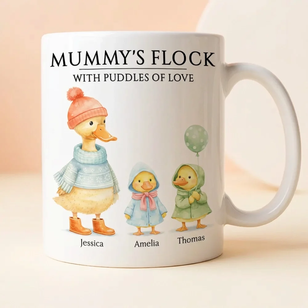 Personalized Ceramic Mug with Cute Duck Family Illustration, Unique Gift for Grandma or Mom, Sweet Daily Coffee Moment