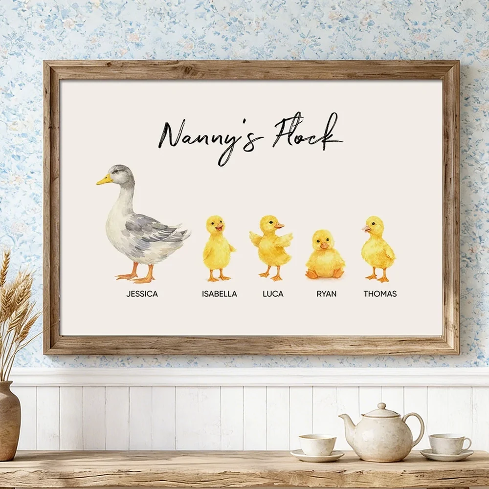 Personalized Grandma Poster, Watercolor Duck and Ducklings Nursery Wall Art, Sweet Gift for Nanny's Home Decor