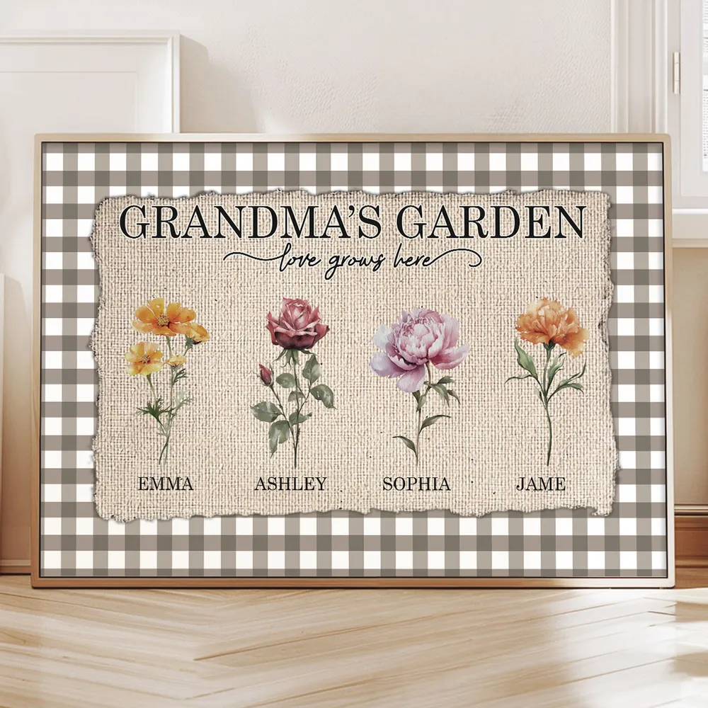 Personalized Grandma's Garden Birth Month Flowers Poster, Gingham Wall Art, Unique Gift for Grandma or Mom - Image 3