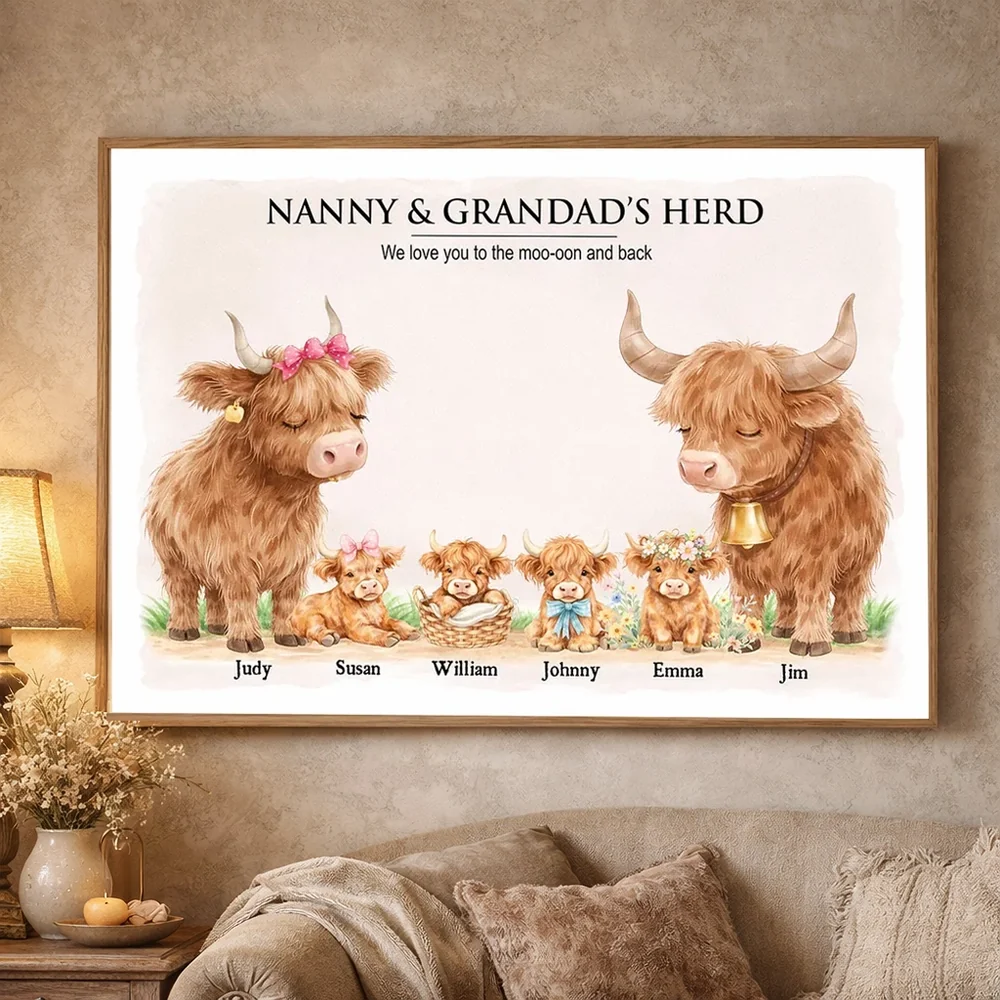 Personalized Highland Cow Family Poster, Nanny & Grandad's Herd Wall Art, Sweet Farm Nursery Decor, Unique Gift for Grandma & Grandpa