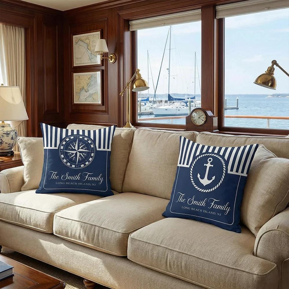 Navy Coastal Square Pillow, Personalized Family Name Boat Style Accent, Crisp Nautical Look, Unique Gift for Beach House - Image 3