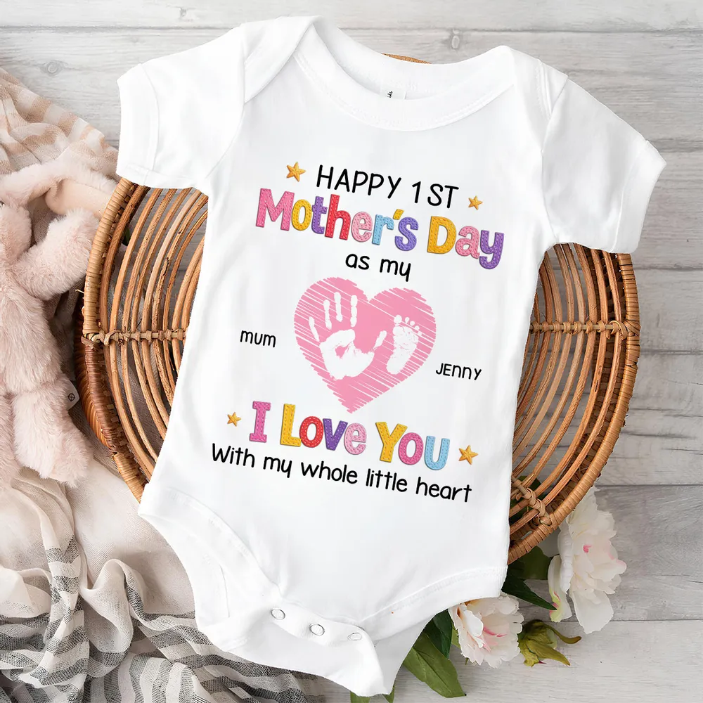 Short Sleeve Baby Onesie for Baby's First Mother's Day, Personalized Handprint Heart I Love You Design, Sweet Gift - Image 3